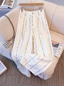 SHEIN ChicEase Women's Elegent Off-White Striped Straight Leg Pants,Vintage Casual Striped Clothes For Brunch,Autumn Spring/Summer Korean Style Fashion Clothes - Multicolor - View 4