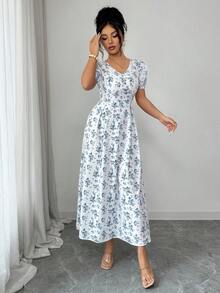 Elenzga 优雅V领泡泡袖收腰蓝色碎花连衣裙，适合春夏穿着 - 藍白色 - 查看 6