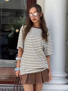MainGRL 女士休闲宽松杏色条纹圆领T恤，春夏款 - 杏色 - 查看 1