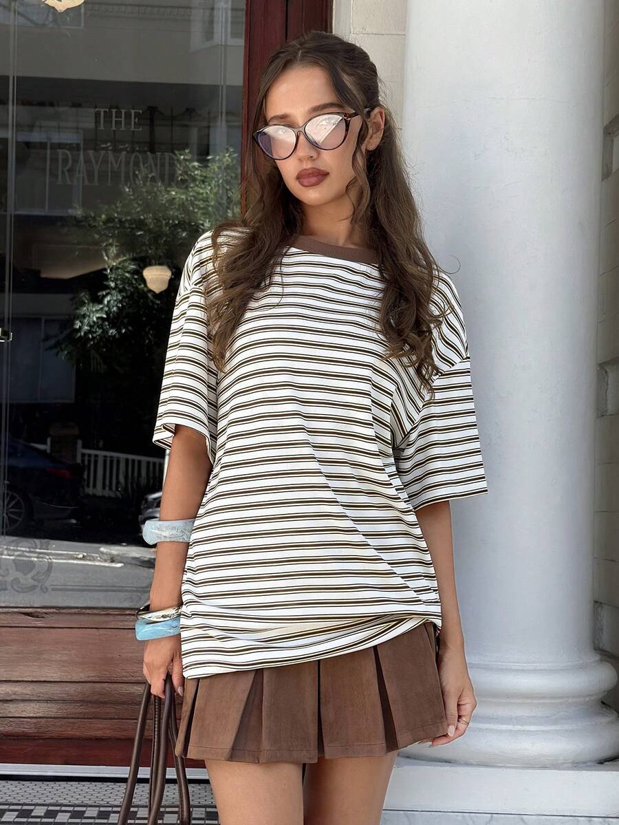 MainGRL 女士休闲宽松杏色条纹圆领T恤，春夏款 - 杏色 - 查看 1