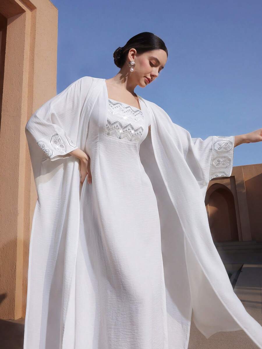 Graceveil 女士优雅亮片拼接方领无袖束腰连衣裙和长袖长袍阿拉伯风格套装