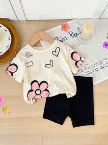 SHEIN LMoss Kids 女童休闲碎花短袖上衣短裤套装（2件套），适合夏季穿着 - 彩色 - 查看 4