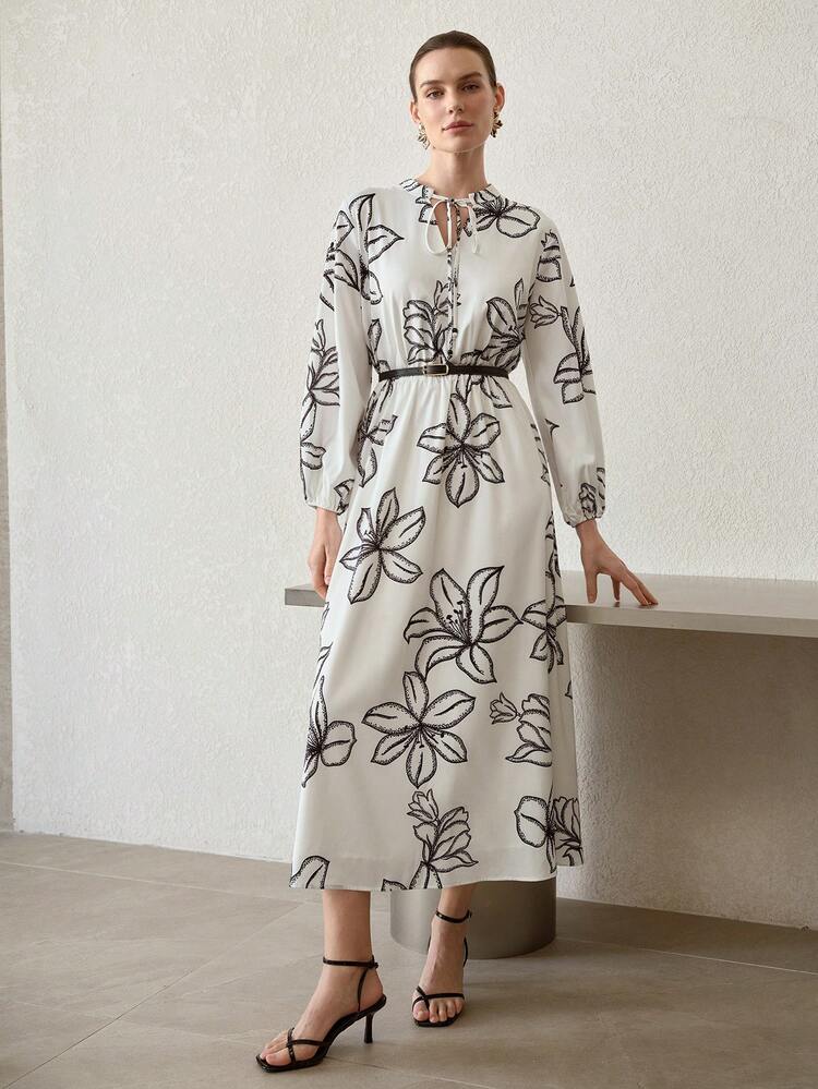 BLACK & WHITE FLORAL PRINT CINCHED WAIST MIDI DRESS