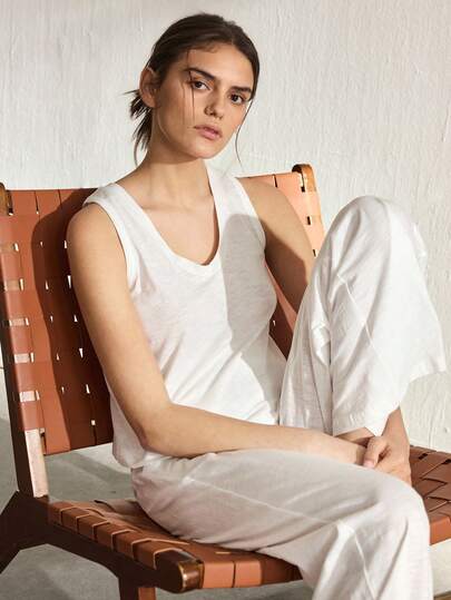 Ocili Women's Solid Color V-Neck Tank Top And Pants Casual Pajama Set