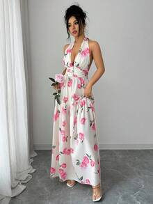 Elenzga Đầm thanh lịch in họa tiết hoa hồng màu hồng, cổ yếm, eo xếp ly, gấu váy xếp lớp. - Nhiều màu - Xem 7