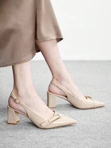 CUCCOO BIZCHIC New Pointed Toe Chunky Heel Pumps For Women, Bowknot Color Block Rivets Closed Toe Fashion High Heels Spring Shoes Spring Break Easter For Christmas Spring Shoes - Light apricot - View 4