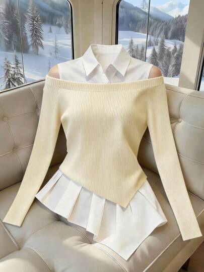 Franclia French Minimalist Fashion 2 In 1 Cold Shoulder Puff Sleeve Classic Black & White Contrast Color Top For Women