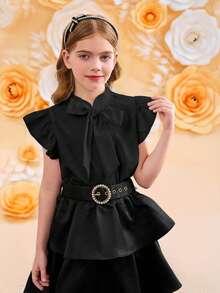 SHEIN Áo kiểu nữ tuổi teen, màu trơn, chất liệu dệt kim, viền bèo nhún, trang trí nơ lớn, kiểu dáng thanh lịch, phong cách nghỉ mát Pháp, thích hợp cho mùa tựu trường. - màu đen - Xem 4