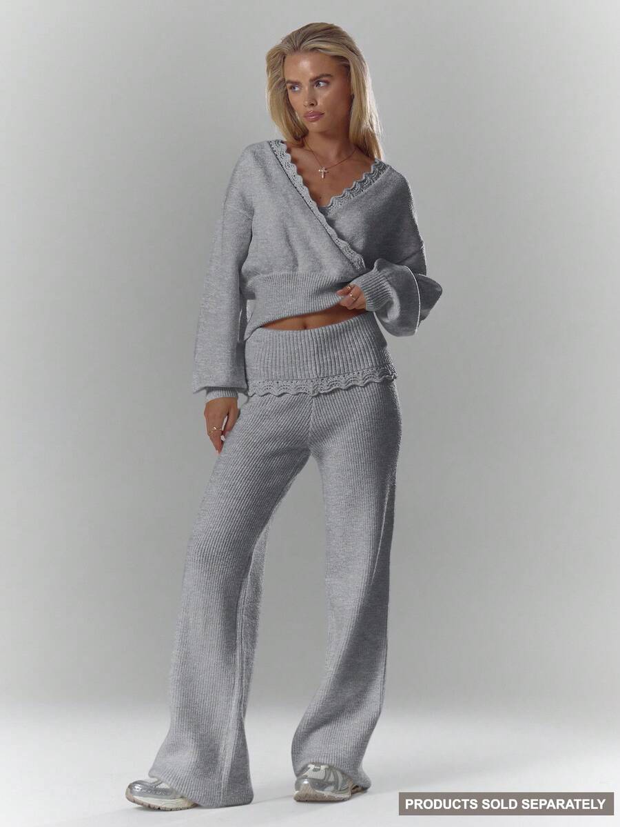 MUSERA Pantalones de pierna ancha con detalle de ganchillo de punto acanalado, cintura plegable, solo Bottom, cómodo, lindo, casual, elegante para fiesta de noche - Gris - Ver 1