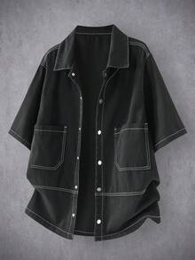 Manfinity EMRG 男士夏季休闲前扣口袋短袖黑色牛仔衬衫 - 黑色 - 查看 1