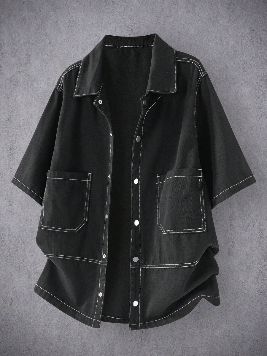 Manfinity EMRG 男士夏季休闲前扣口袋短袖黑色牛仔衬衫 - 黑色 - 查看 1