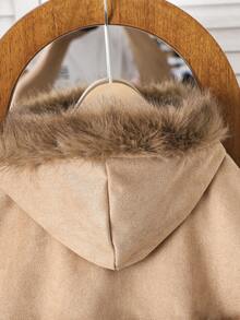 SHEIN Young Girl And Young Girl Fuzzy Trim Hooded Cape Coat, Suitable For Pairing With Sweaters, Dresses, Pants, Sets, T-Shirts, Ideal For Daily Outings, Fashionable And Versatile, Autumn/Winter - Camel - View 3