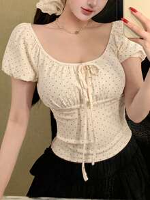 DAZY Women's Polka Dot Print Front Tie Puff Sleeve Fashionable T-Shirt - White - View 3