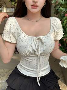 DAZY Women's Polka Dot Print Front Tie Puff Sleeve Fashionable T-Shirt - White - View 8