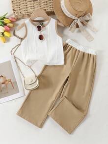 两件套：女童休闲针织白色上衣和卡其色宽松裤 - 夏季套装，少女日常舒适服装 - 彩色 - 查看 3