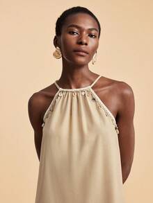 Travachic 贝壳装饰亚麻纯色无袖休闲度假连衣裙，适合假日、约会、下午茶、度假、音乐节、波西米亚风、夏季连衣裙、女士海滩度假装扮，亚麻材质，沙滩 - 杏色 - 查看 2