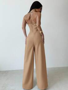 Mono de verano nuevo, elegante y minimalista de lino de color albaricoque con espalda descubierta, plisado en la cintura y piernas anchas, para vacaciones, uso diario y todas las estaciones - Albaricoque - Ver 2