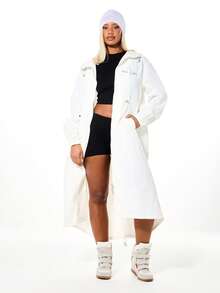 BABYPHAT Women's Letter Print Long Sleeve Drawstring Waist Hooded Long Jacket - White - View 1