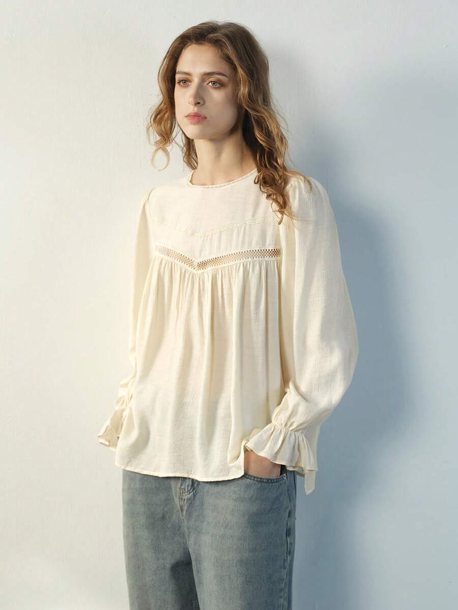 Maija Women's Apricot Lace Patchwork Round Neck Blouse, Autumn - Apricot - View 1