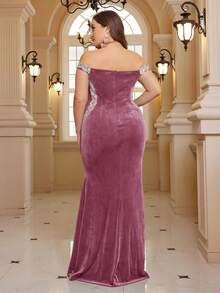 SHEIN Belle Plus Size V-Neck Sleeveless Embroidered Sequin Patchwork High Slit Korean Velvet Formal Gown (Heavy Embellishment) - Dusty Pink - View 2
