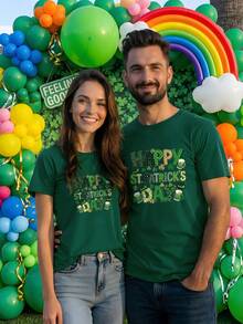 Manfinity Homme Men's Round Neck Short Sleeve Casual Four-Leaf Clover Print T-Shirt, Summer - Green - View 1