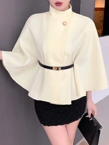 DAZY 宽松商务休闲披肩领大衣，金属扣装饰，适合办公室、婚礼、派对、秋冬季节穿着，加厚女式外套 - 米色 - 查看 9