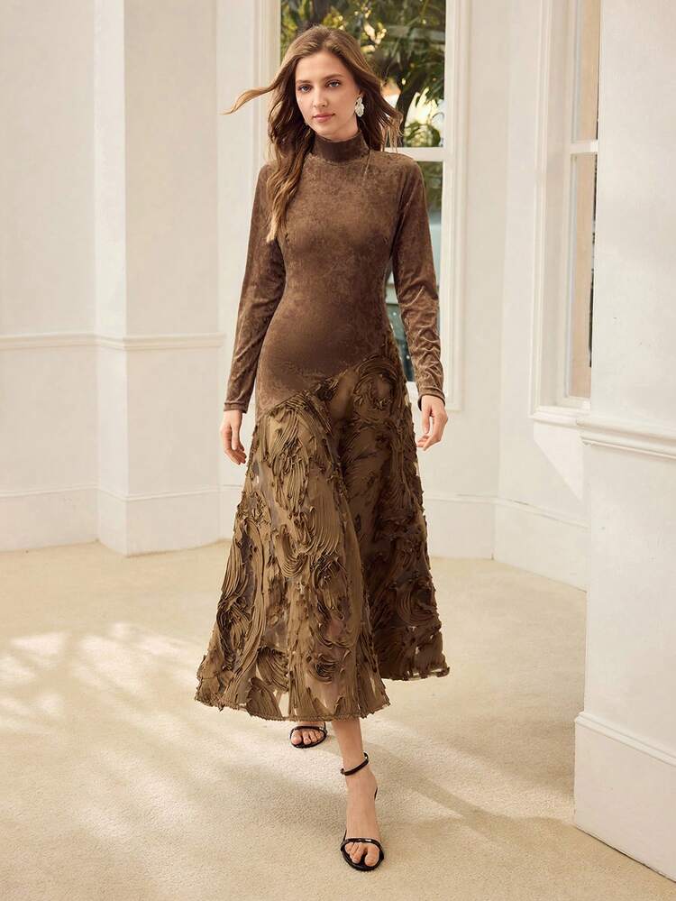 WOMEN'S ELEGANT ASYMMETRIC VELVET PATCHWORK DRESS