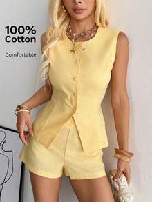 SHEIN EZwear Summer Outfits  Yellow Woven Casual Women's Vest And Shorts Set - Yellow - View 2