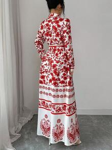 Elenzga 女士新款时尚优雅度假波西米亚风印花立领腰带A字长袖连衣裙，适合通勤、圣诞节、新年、街头风、法式浪漫、休闲、中东复古、下午茶、派对、感恩节、返校季、秋冬季等场合。 - 紅白色 - 查看 2
