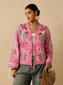 Travachic Áo sơ mi ngắn tay cài cúc, họa tiết hoa, kiểu dáng thường ngày, đa năng, dành cho nữ cỡ lớn. - Hồng - Xem 1