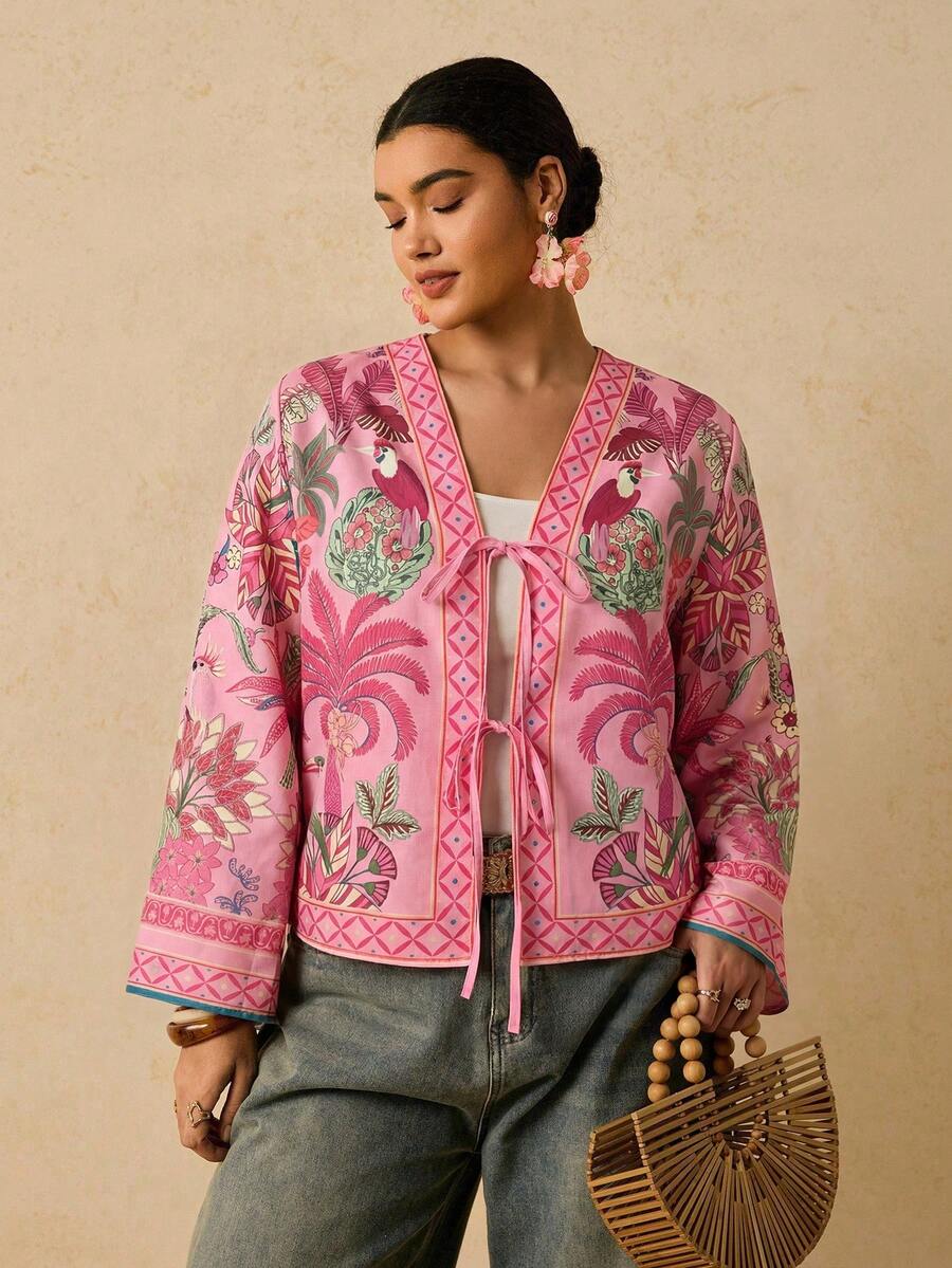 Travachic Áo sơ mi ngắn tay cài cúc, họa tiết hoa, kiểu dáng thường ngày, đa năng, dành cho nữ cỡ lớn. - Hồng - Xem 1