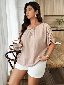 SHEIN LUNE 大码女式圆领褶皱袖宽松休闲衬衫，春夏款 - 卡其色 - 查看 5