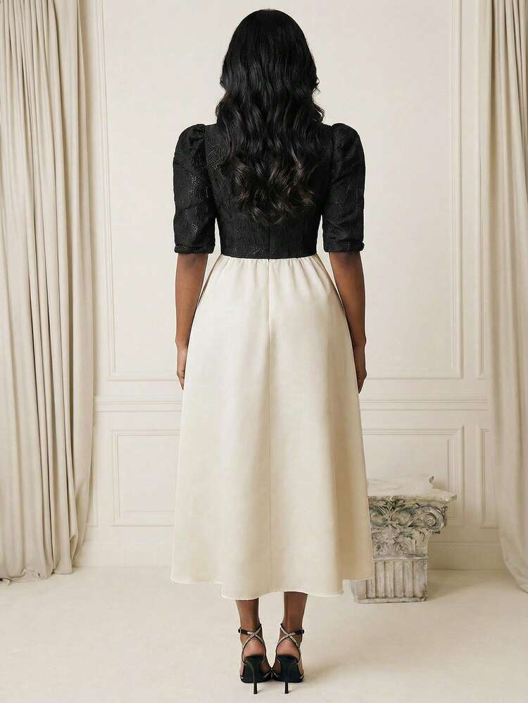 Fashionable Puff Sleeve Button Waist High Waist Fitted Women Long Dress
