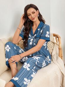 SHEIN Ruffled Striped Lily Floral Trim Cardigan Women Pajama Set - Blue and White - View 5