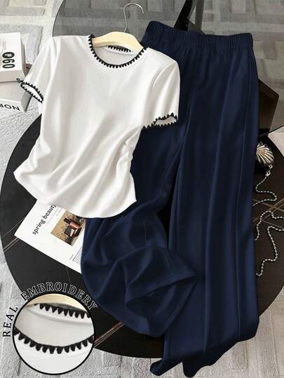 Resyla 两件套女士撞色滚边圆领短袖上衣和纯色裤子休闲套装