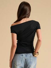 SHEIN BAE Women's Asymmetric Lace Patchwork Sheer Fitted Blouse, Sexy Lace Summer Top - Black - View 2