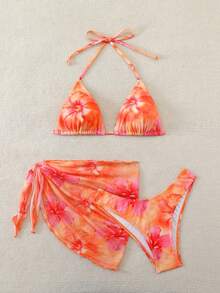 Swim Mod Women's Summer Beach Floral Print Halter Tie Sexy Bikini Set With Matching Mini Skirt - Multicolor - View 3