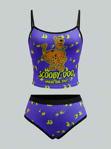SCOOBY-DOO X SHEIN Women's Comfortable Dog & Eye Print Camisole Top And Panty Set - Purple - View 1