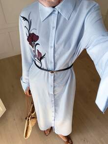 Mulvari Đầm nữ kiểu Ả Rập thêu hoa, cài cúc phía trước, phong cách thường ngày, thích hợp cho mùa thu. - Màu xanh nhạt - Xem 7