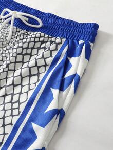 ROMWE MEN Street Life Men's Numeric Geometric Print Drawstring Waist Loose Basketball Shorts - Blue - View 3