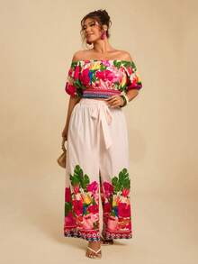 SHEIN VCAY 大码露肩短袖上衣和宽松长裤两件套 - 彩色 - 查看 5