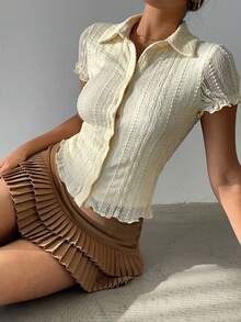 Aloruh 女士春夏新款纯色杏色波西米亚风翻领单排扣蕾丝提花面料修身短袖花瓣袖衬衫 - 棕色 - 查看 8