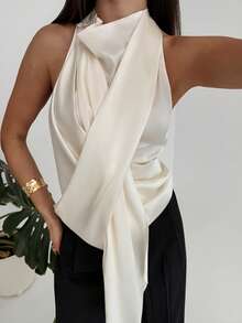 Aloruh Minimalist High-End Neck Hanging Drape Design Collar Fitted Satin Apricot Women Tank Top - Apricot - View 7