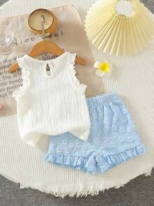 SHEIN Vintaside Kids Baby Girls' Cute Jacquard Vest And Jacquard Shorts Set, Spring/Summer - Blue - View 2