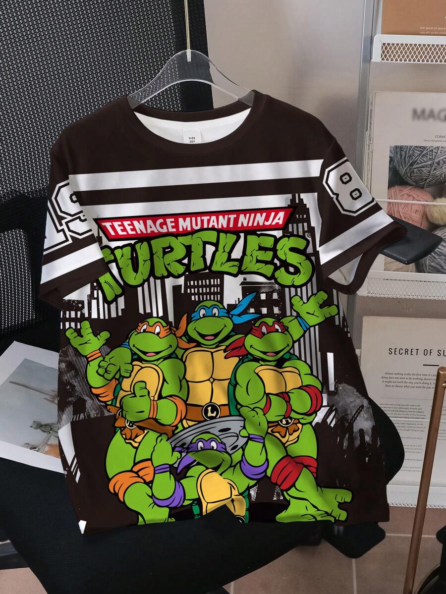 TEENAGE MUTANT NINJA TURTLES | SHEIN 青少年男童休闲时尚街头风卡通字母数字印花短袖T恤，夏季 - 白色 - 查看 1