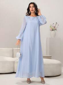Al Najma Abito elegante e romantico con scollo tondo, maniche a lanterna, decorato con perle e fiori 3D, con gonna ampia, adatto per la primavera/estate - Blu - Visualizzare 8