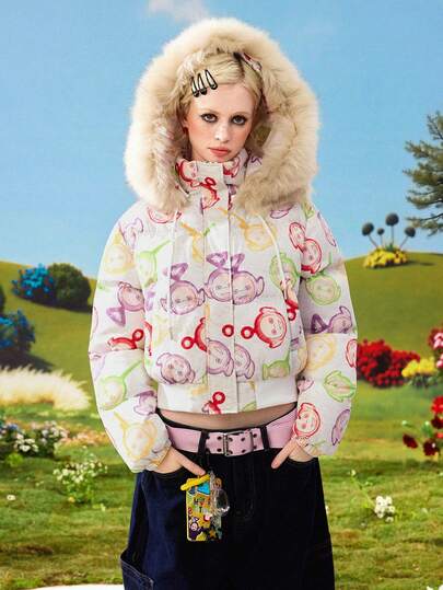 Teletubbies X ROMWE Abrigo acolchado con capucha, parches y ribete de piel sintética para mujer, para otoño/invierno