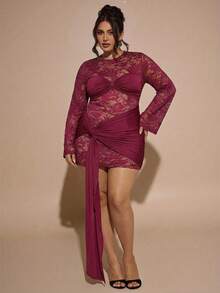 SHEIN BAE Rochie de damă Plus Size, culoare solidă, dantelă, model patchwork, mulată - Burgundia - Vizualizare 3