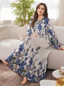 Al Najma 大码女式印花宽松长袖优雅浪漫阿拉伯风格长裙 - 彩色 - 查看 1