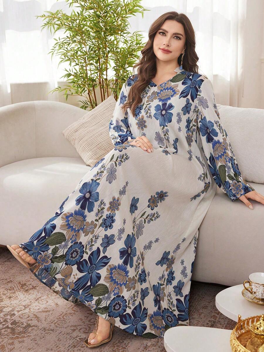 Al Najma 大码女式印花宽松长袖优雅浪漫阿拉伯风格长裙 - 彩色 - 查看 1